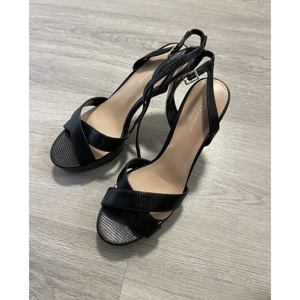 BCBGeneration Women Niada Ankle Strap Platform Sandals Size US 10M Black Lizard‎